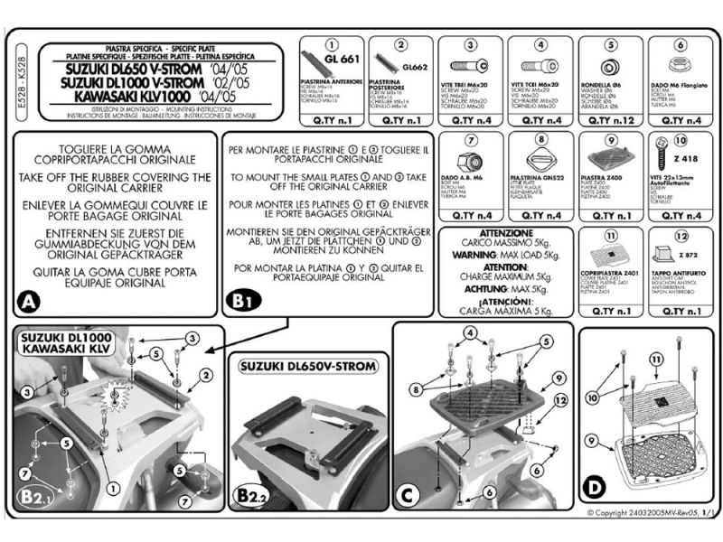 GIVI Monokey E monteringsplade Suzuki DL 650 V-Strom (2004-2011) DL 1000 V-Strom (2002-2009) Kawasaki KLV 1000 (2004-2008)