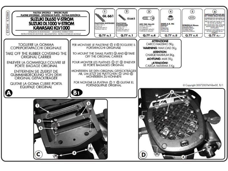 GIVI Monteringssæt E til Monolock topcases Suzuki DL 650 V-Strom (2004-2011) DL 1000 V-Strom (2002-2009) Kawasaki KLV 1000 (2004-2008)