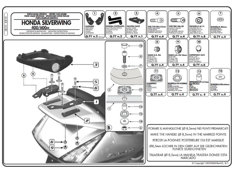 GIVI Monokey SR Bagagebærer Honda SW-T 400 / 600 (2009-) Silver Wing 400 / 600 (2001-2009)
